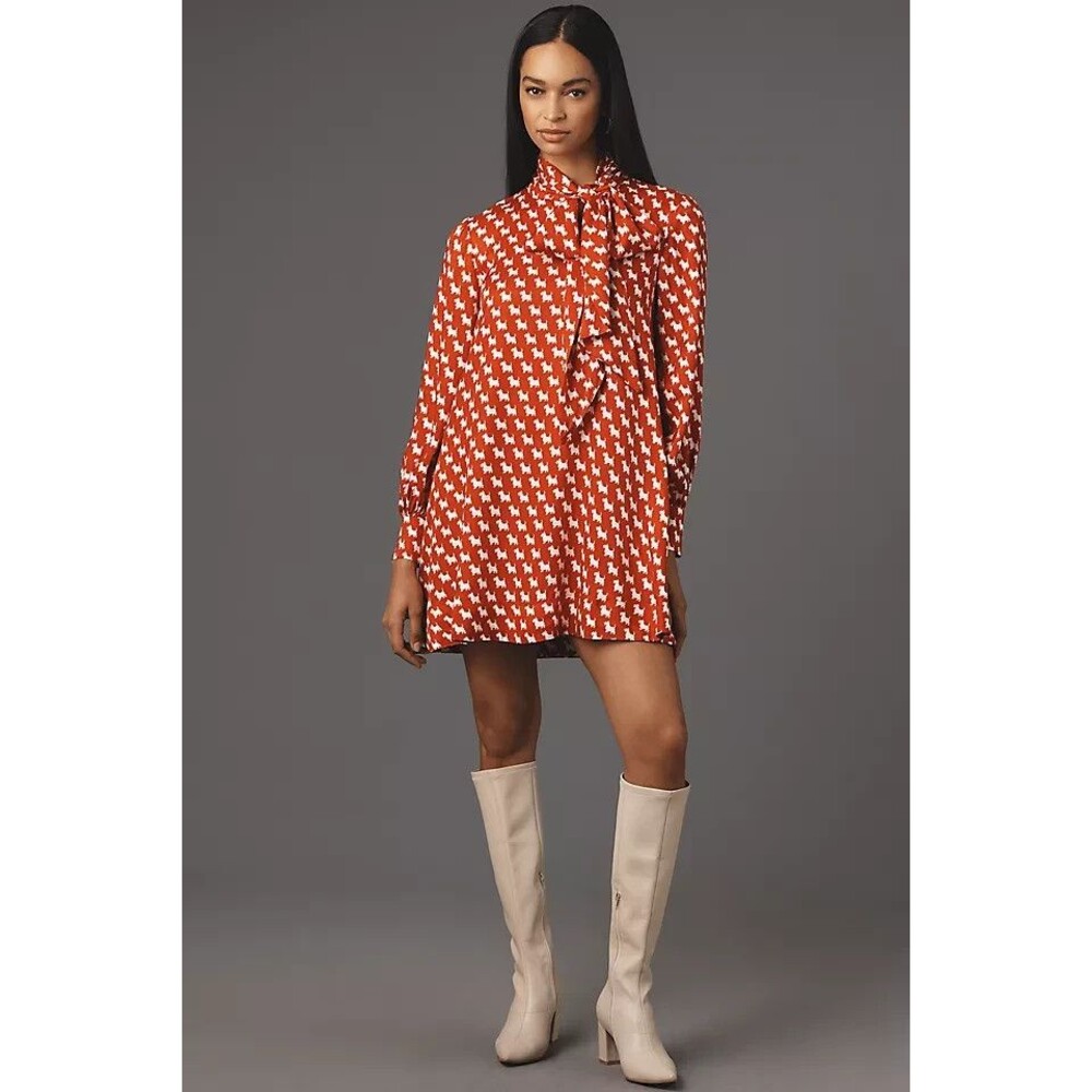 MAEVE Anthropologie The Caroline Tie Neck Mini Dress Red Scottie Dog Print S